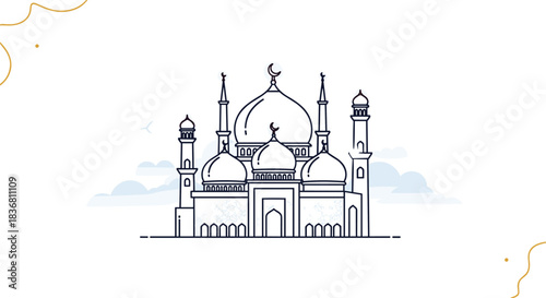 A beautiful mosque with domes and minarets is illustrated in a clean and elegant black and white line art style.
