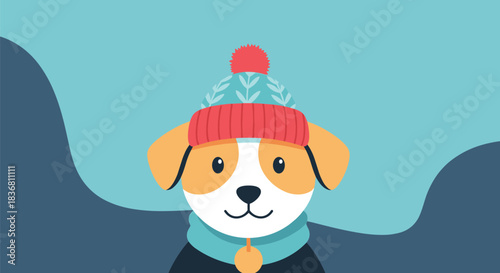 An adorable cartoon dog wearing a cozy red knit winter hat with a pom-pom and a blue scarf against a simple blue background.