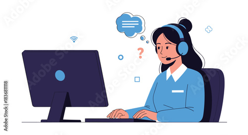 A friendly female customer service representative with a headset is working on her computer in a modern call center.