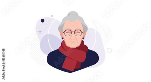 A kind-faced elderly woman with grey hair in a bun glasses and a cozy red scarf is smiling in this modern portrait.