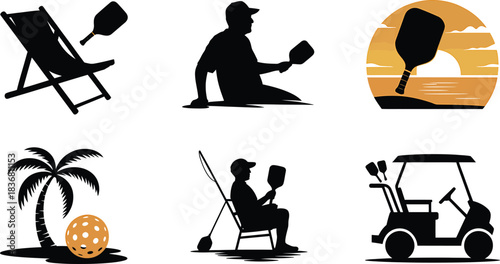Beach chair man golf cart pickleball summer vacation sport recreation vector art