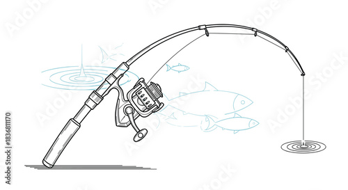 A detailed black and white line art drawing of a fishing rod and reel with the line cast into the water.