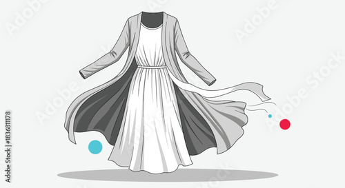 A stylish women's outfit with a long flowing grey cardigan layered over a white belted dress is shown in this fashion sketch.