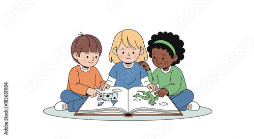Diverse Young Children Friends Reading an Open Book Together.