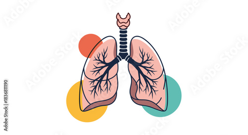 A line art illustration of human lungs is shown against a background of colorful abstract circles for medical concepts.