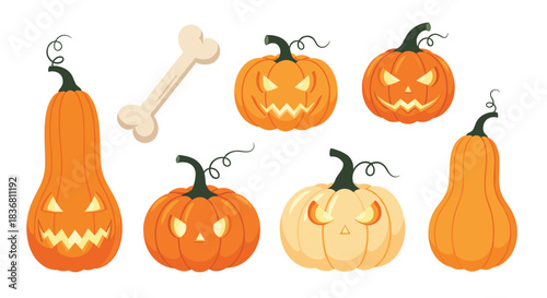 A spooky and fun set of carved Halloween pumpkins with glowing faces a bone and different shapes for holiday decoration.