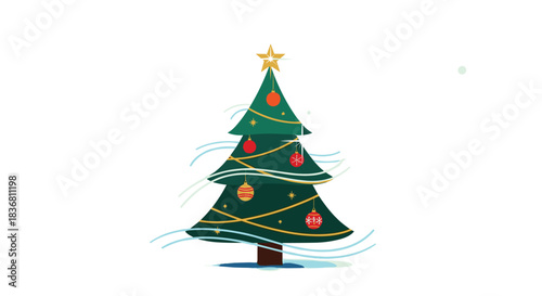 A decorated Christmas tree with a golden star on top is shown standing in a snowy landscape with wind blowing around it.