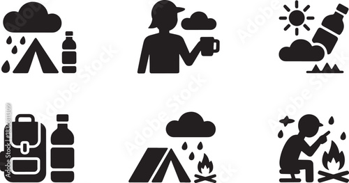 Camping outdoor nature adventure icons featuring hiking and relaxing activities