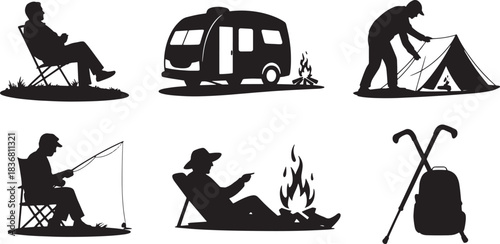 Camping Silhouettes Set Featuring Traveler Sitting in Chair near Tent and Caravan