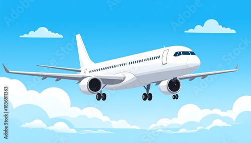 Animated white passenger jet soaring through a bright blue sky with clouds