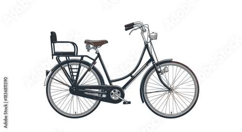 Black classic city bicycle with rear child seat and luggage rack.