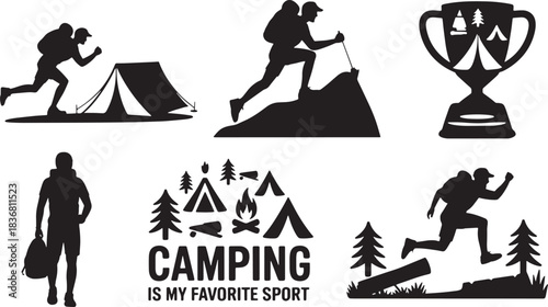 Hiking and Camping Silhouettes Featuring Backpackers and Outdoor Adventure Activities