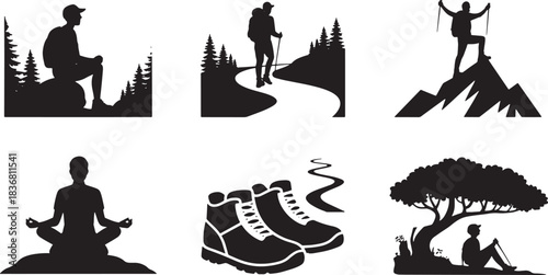 Hiking tourism travel adventure trekking icon set outdoors activity mountain trail