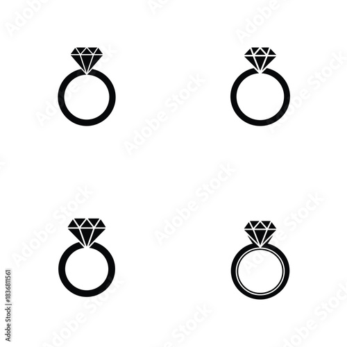 A grid of four distinct black diamond ring icons displayed against a clean, bright white background