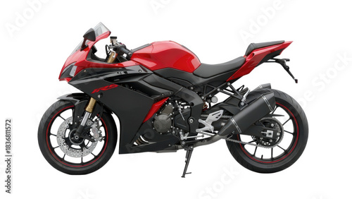 Red sport motorcycle on a white background, an isolated fast vehicle for speed and transportation with black wheels