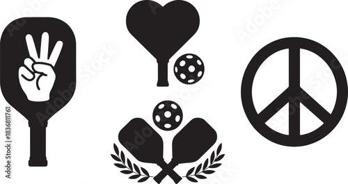 Pickleball Paddles Silhouettes Emblems Featuring Peace Sign Heart and Wreath