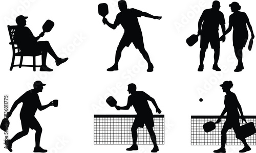Pickleball player silhouettes collection, racquet sport activity and healthy lifestyle