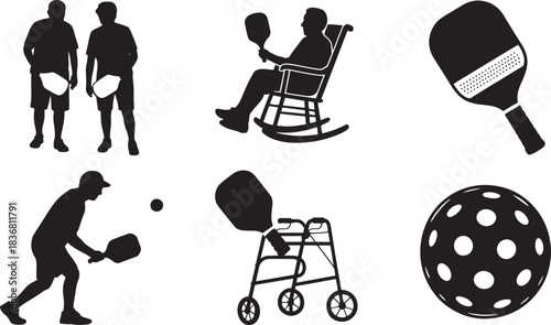 Pickleball Players and Equipment Silhouettes on Transparent Background