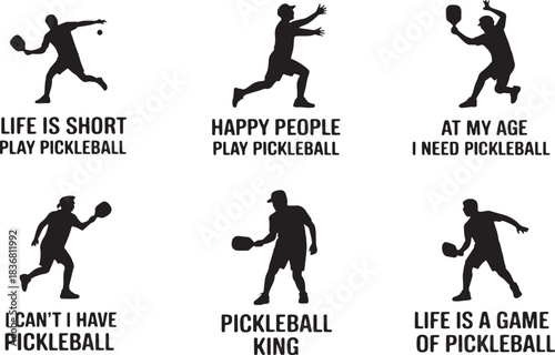 Set of Pickleball Phrases with Silhouette of Player in Action, Sport and Recreation