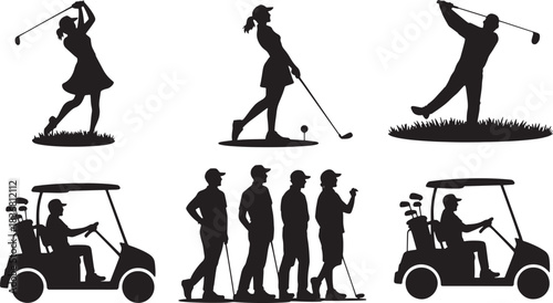 Silhouette illustration of golfers swinging and golf cart with team walking