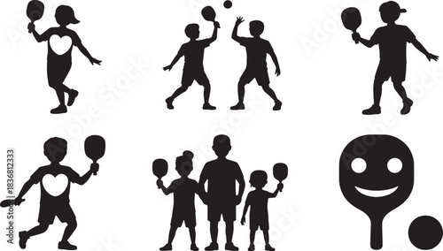 Six pickleball silhouettes featuring characters playing with paddles sport illustrations