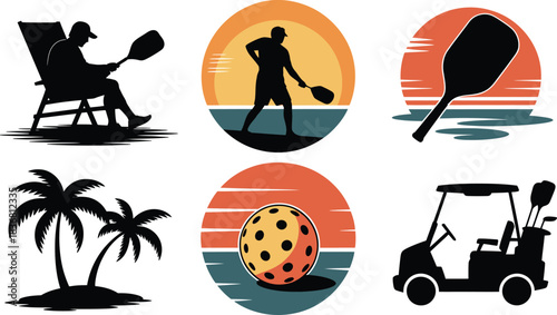 Six pickleball vector set featuring beach theme paddle silhouettes and summer icons