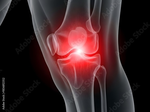 Realistic X-ray inspired close-up photo of the human knee showing a painful bone region marked with vivid red light. Transparent skeletal structure, high-contrast medical illumination, detailed radiog