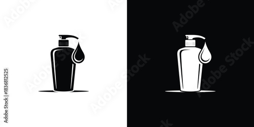 A sleek pump dispenser bottle with a single liquid drop displayed in both light and dark variations