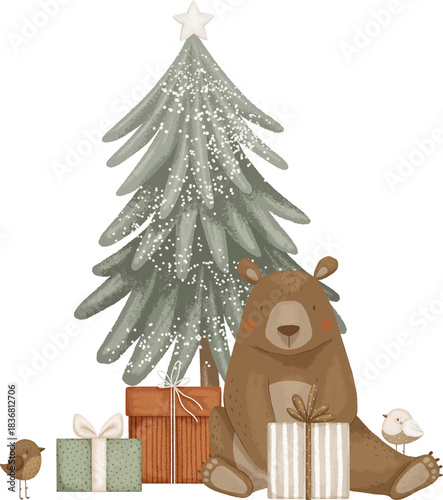 Illustration with a Christmas bear, Christmas tree and gifts. Illustration for design, cards, print, pattern, isolated on a transparent background