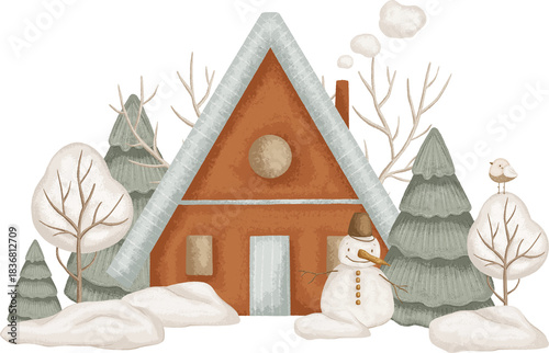 Christmas illustration with a house, a snowman, Christmas trees and trees. Illustration for design, cards, print, pattern, isolated on a transparent background