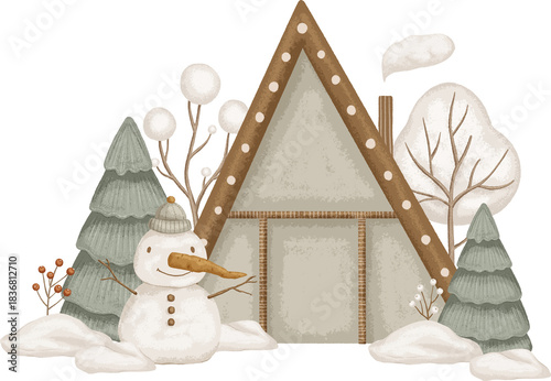 Christmas composition with a house, a snowman and Christmas trees. Illustration for design, cards, print, pattern, isolated on a transparent background