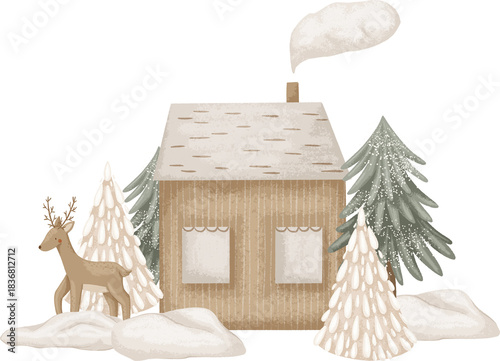 Neutral Christmas composition with a house, a deer, and Christmas trees. Illustration for design, cards, print, pattern, isolated on a transparent background
