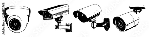 Set Black and White Silhouette security camera vector for monitoring and safety systems. Symbolizes surveillance, protection, and modern observation technology.
