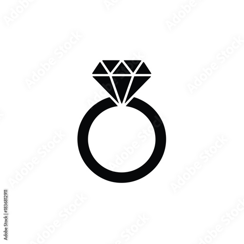 A stark black outline illustrates a classic diamond engagement ring set with a faceted jewel on a pure white background
