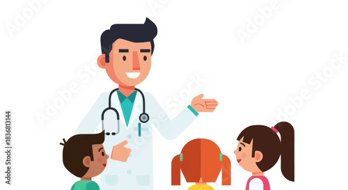 Smiling Doctor Explaining to Two Children with Stethoscope.