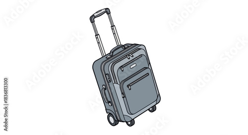 Gray Rolling Suitcase with Telescoping Handle and Wheels.