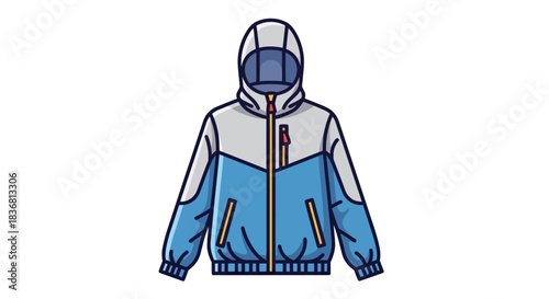 Blue and white hooded jacket with zipper sportswear for outdoor activities.