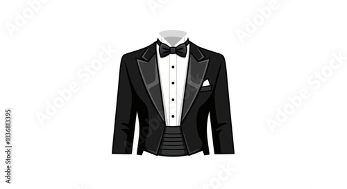 Classic black tailcoat tuxedo with a white pleated shirt bow tie and cummerbund for formal events.