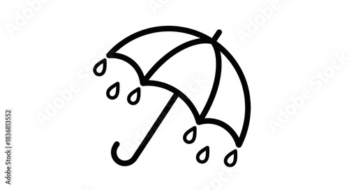 Simple Black Outline Umbrella with Falling Raindrops Icon.