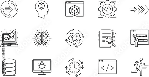 Automobile Repair and Car Maintenance Outline Icons Set, Featuring Garage Service Tools, Vehicle Parts, Engines, Brake Discs, Mechanics, and Safety Belt Symbols.
