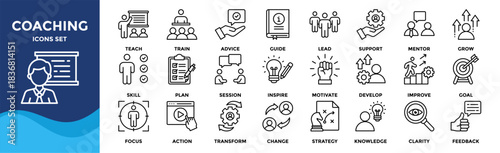 Coaching icon set collection. Icon pack contains leadership, skill, mentor, guide, train, teach, support, advise, lead, grow, inspire, goal, focus, plan, motivate, action