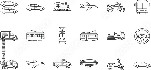 Outline Icons Set of Transportation and Travel Vehicles, Featuring Cars, Airplanes, Trains, Buses, Motorcycles, and Various Forms of Modern Public Transport.