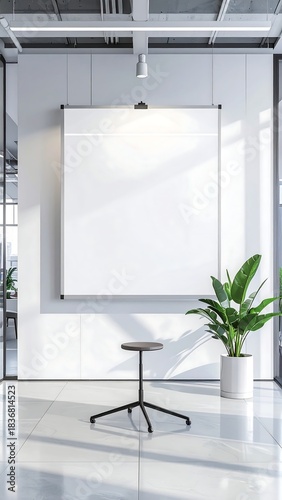 Modern office space with a blank whiteboard, plants, and chair
