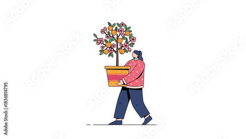 A vibrant illustration depicting a dedicated person carefully transporting a beautiful potted citrus tree adorned with blossoms and fruits, symbolizing growth and care