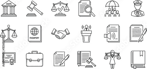 Law and Justice Line Icons Set: Legal System, Court, Attorney, Protection, Agreement, and Government Symbols for Business and Services.