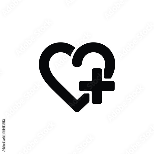 Black heart shape with a plus symbol represents medical care or adding to favorites in a simple icon
