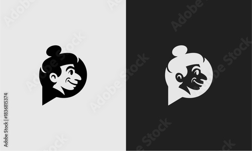 Stylized black and white logo featuring a cartoonish woman's head in profile within a speech bubble, presented on contrasting backgrounds.