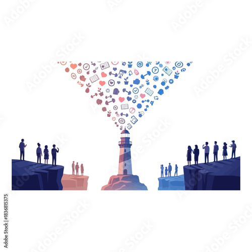 Lighthouse guiding social media data flow to a funnel