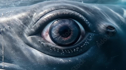 A close-up shot shows a whale's eye underwater, gazing intently with iridescent tones