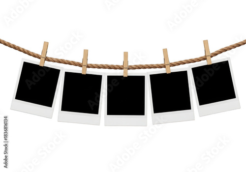 Five photo frames on rope with pegs isolated on transparent background